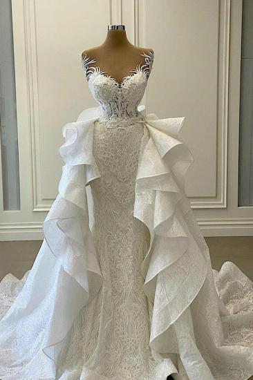 Gorgeous Sweetheart Mermaid Bridal Dress Sleeveless White Wedding Dress with Detachable Train_1