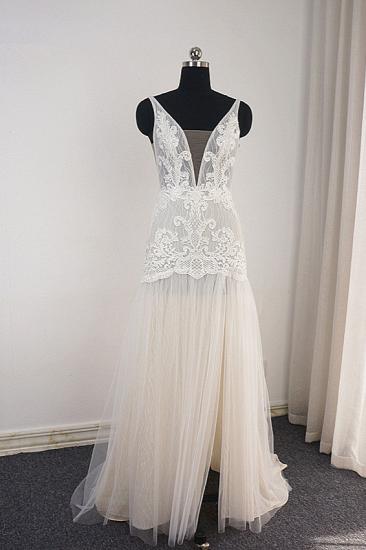 Trendy Ivory Sleeveless Lace Tulle High split A-line Wedding Dress_1