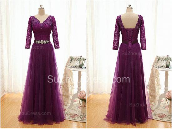V-Neck Purple Long Sleeve Mother of the Bride Dress Sequins Lace Formal Evening Dress_4