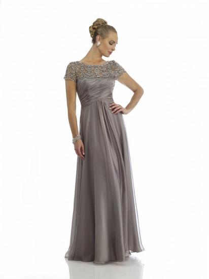 Short Sleeve Grey Long Mother Dress A-Line Crystal Chiffon Evening Gowns_1
