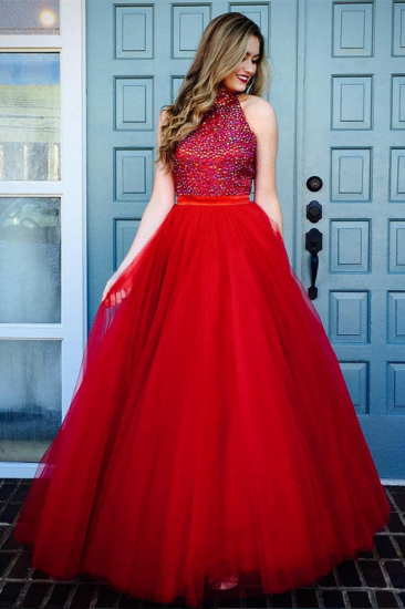 Glamorous Red A-line High Neck Evening Dresses 2022 Crystal Sleeveless Tulle Prom Dresses_1