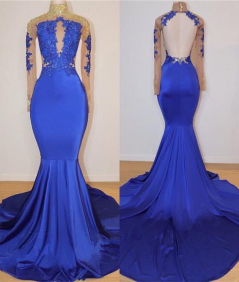 2022 Royal Blue High Neck Cheap Prom Dresses | Open Back Mermaid Appliques Evening Dress_1