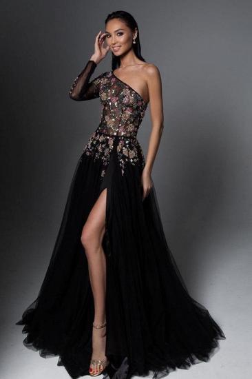 Atemberaubendes einschultriges schwarzes Abendkleid aus Tüll mit Blumenmuster