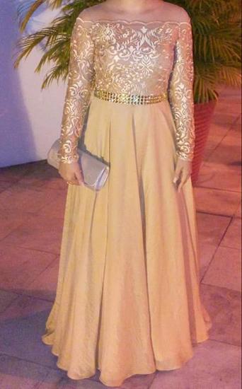 Gold Long Sleeve Evening Dresses 2022 Round Neckline Lace Chiffon Prom Dress Cheap_3