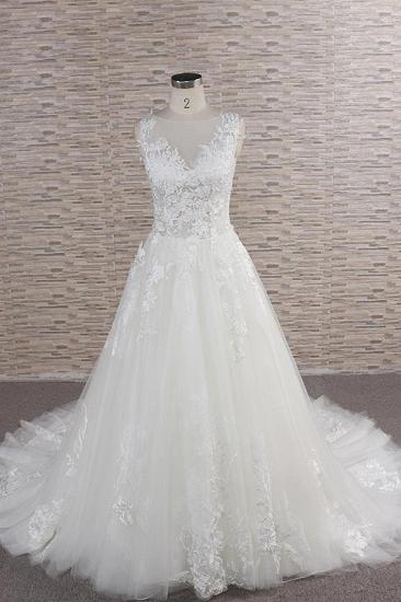 Gorgeous Sleeveless Jewel Tulle Wedding Dress | A-line Ruufles Lace Bridal Gowns With Appliques_2