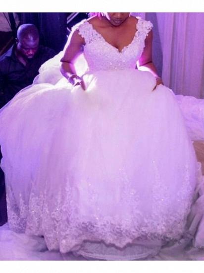 Affordable A-Line Wedding Dress V-Neck Lace Regular Straps Bridal Gowns Court Train_3