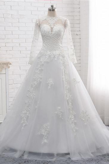 TsClothzone Modest Jewel White Tulle Lace Wedding Dress Long Sleeves Appliques A-Line Bridal Gowns On Sale_2