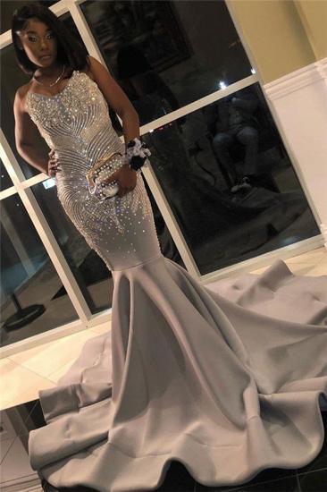 Silver Grey Mermaid Prom Dresses with Beads Crystals | Sexy Strapless Sleeveless Cheap Formal Evening Gowns