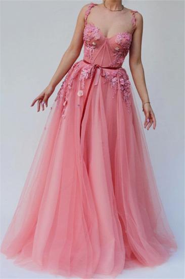 Pink Gorgeous A-line Spaghetti Tulle Flower Applique Prom Dresses_1