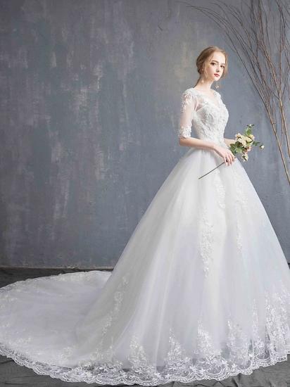 Glamouröses durchsichtiges Ballkleid-Hochzeitskleid U-Ausschnitt-Spitze Tüll Pailletten Halbarm-Brautkleider mit Kapellenschleppe_11