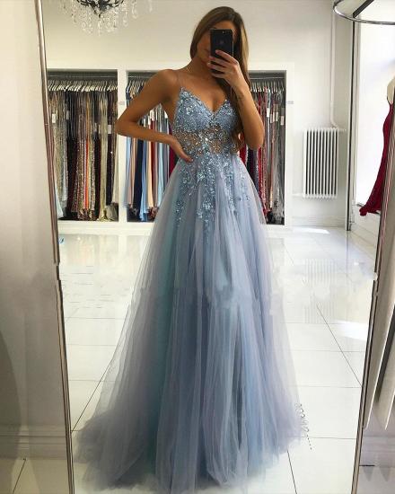 Illusion neck Storm Blue V-neck Tulle See-through Evening Dress_2