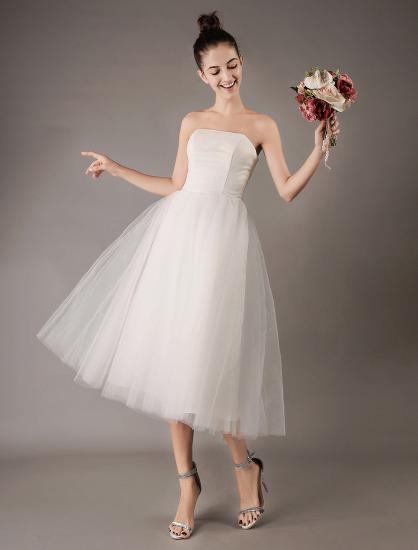Strapless White Tulle Knee-Length Zipper Wedding Dresses_4