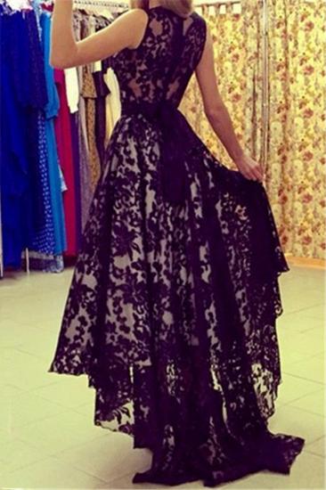 A-Line Black Hi-Lo Lace Prom Dress Latest Custom Made Sleeveless Belt Long Evening Dress_2