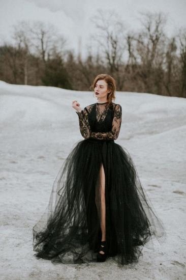 Black Gothic Fairytale Wedding Dress Tulle Long Sleeves Side Split Party Dress_1