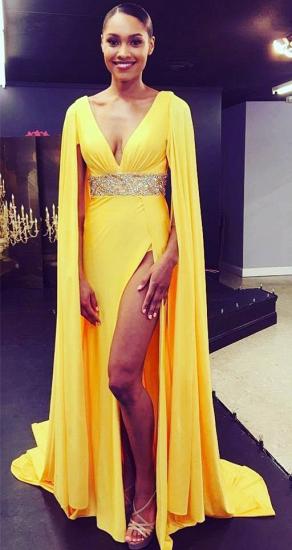 Deep V-neck Open Back Sexy Evening Dresses 2022 Yellow Sexy Slit Formal Dress with Cape
