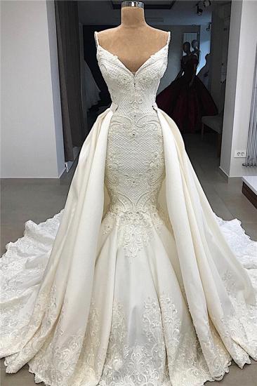 Spaghetti Straps Lace Fit and Flare Wedding Dresses Overskirt |  Appliques Detachable Satin Backless Bridal Gowns_2