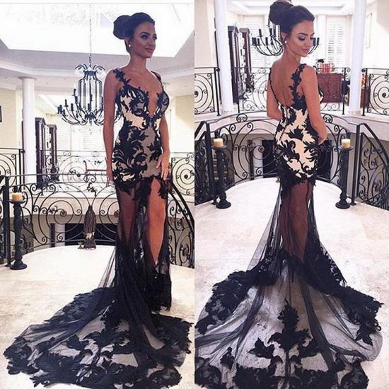 Sexy V-neck Black See-through Tulle Train Lace Mermaid Evening Dresses_3