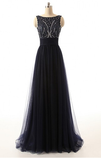 A-Line Black Tulle Long Prom Dresses with Beadings Open Back Formal Bowknot Custom Made Special Occassion Dresses_1