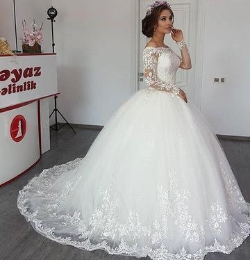 Elegant A-line Princess Lace Off The Shoulder Wedding Dresses| Floor Length Long Sleeves Bridal Gowns_2