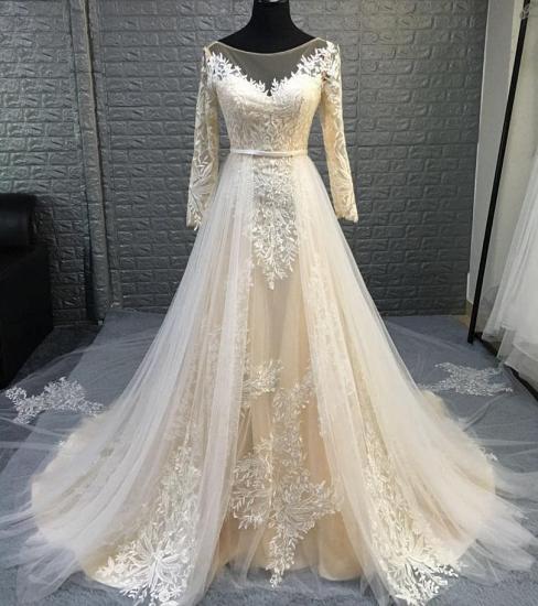 Elegant Long Sleeve Lace Appliques Tulle Wedding Dress Bridal Gowns Detachable Train_2