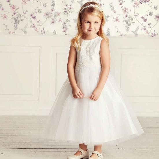 Cute Puffy Tulle Long Flower Girl Dresses | White Lace Little Girls Pageant Dresses with Belt_5