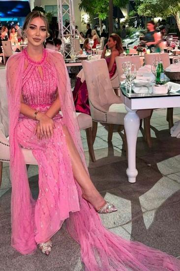 Wunderschönes Neckholder-Abendkleid im Meerjungfrau-Stil mit glänzenden Perlen und Pailletten und Tüllschal, Dubai-Hochzeitskleid_7