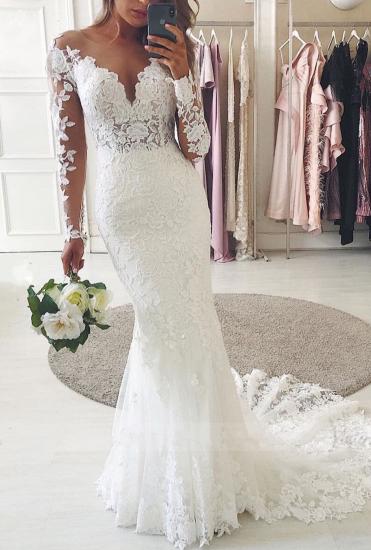Off the shoulder long sleeves white v-neck mermaid lace wedding dress_1
