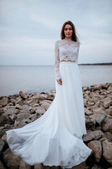 Atemberaubendes weißes Blumen Chiffon Brautkleid mit langen Ärmeln Strand Brautkleid
