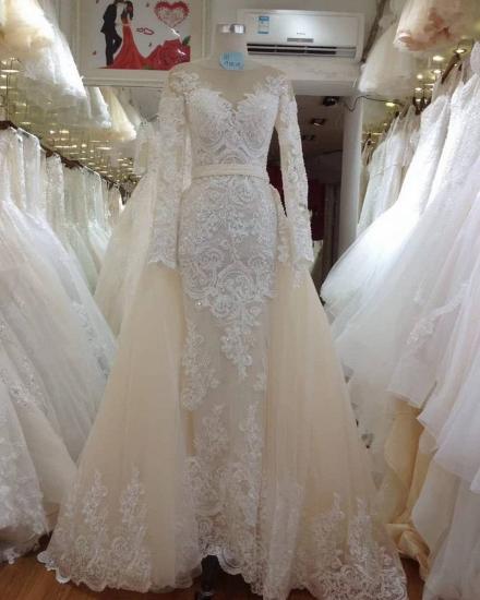 Crew Neck Champagne Lace Appliques Long Sleeve Bridal Wedding Dress Detachable Train_2