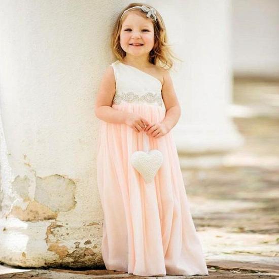 Delicate One Shoulder Chiffon Flower Girl Dress | Little Girls Pageant Dresses with Pearls_2