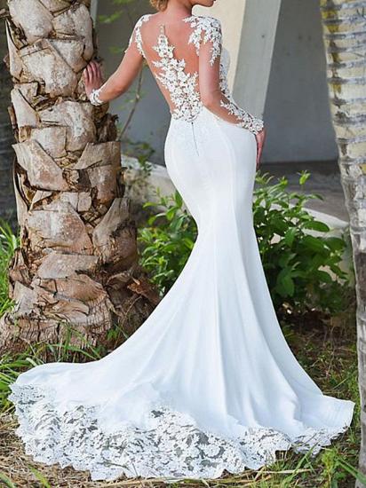 Simple Long Sleeves Tulle Jewel White Mermaid Wedding Dresses_3