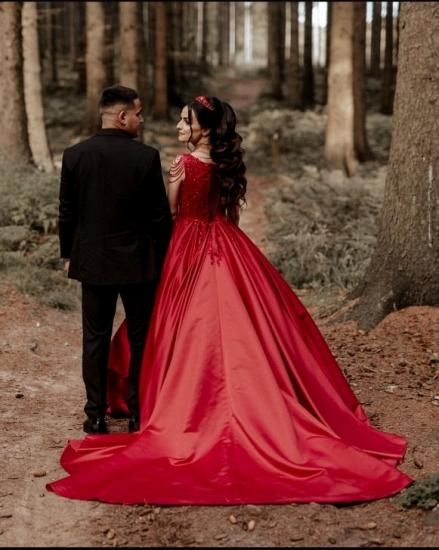 Red A-Line Sleeveless Floor Length Lace Wedding Dress_2