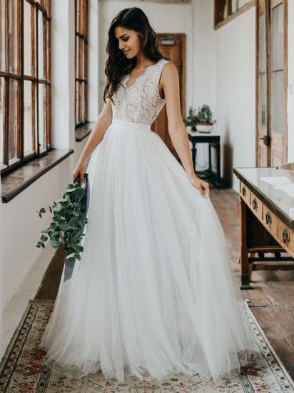 Elegant V Neck Tulle White Lace Sleeveless A-Line Wedding Dresses_3
