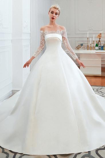 Romantic Lace Long Sleeves Princess Satin Wedding Dress | Princess Bridal Gowns with Cathedral Train