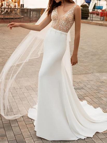 Elegantes Meerjungfrau-Hochzeitskleid mit V-Ausschnitt, Satinträgern, Brautkleidern mit Hofzug
