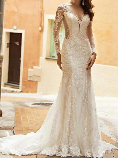 Mermaid Wedding Dresses V-Neck Tulle Polyester Long Sleeve Bridal Gowns Country Plus Size Sweep Train