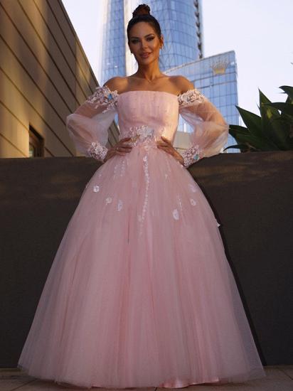 Pink puffy pricess tulle long sleeves floor lenth prom dress_7
