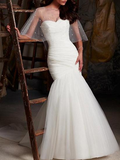 Sexy Mermaid Wedding Dress Strapless Tulle Sleeveless Bridal Gowns Cape Sweep Train_1