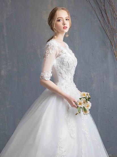 Glamouröses durchsichtiges Ballkleid-Hochzeitskleid U-Ausschnitt-Spitze Tüll Pailletten Halbarm-Brautkleider mit Kapellenschleppe_12