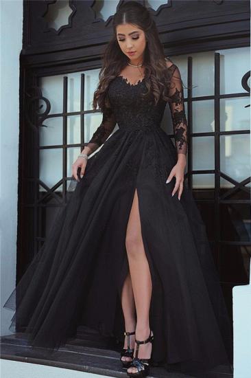 Gorgeous Black Long-Sleeve Lace Slit Evening Dress_1