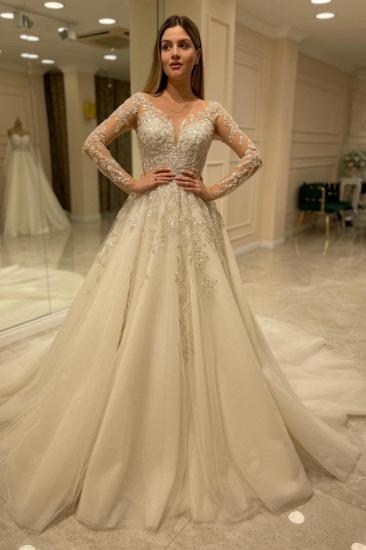 Designer Lace V-Neck Long Sleeve Wedding Dress | Wedding Dresses A Line Long Sleeves