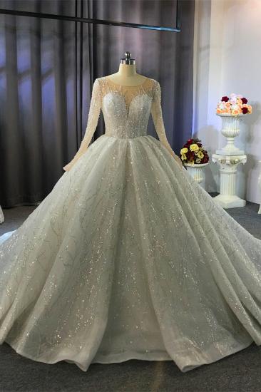 Glänzendes Duchesse-Tüll-Juwelen-Hochzeitskleid mit langen Ärmeln und Rüschen_8