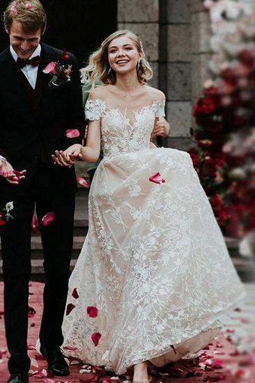 Charming Off Shoulder Floral Lace Bridal Gown Princess White Aline Wedding Dress_1
