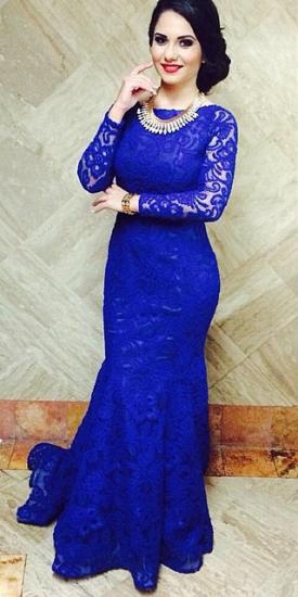 Blackless Royal Blue Lace 2022 Long Prom Dresses with Fishtail Long Sleeves Sexy Evening Dresses