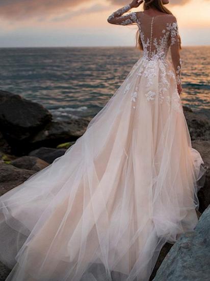A-Line Wedding Dress Bateau Lace Tulle Long Sleeves Bridal Gowns Formal See-Through with Court Train_3