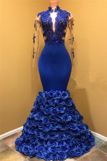 Royal Blue Rose Bottom Prom Dress 2022 | Long Sleeve Lace Mermaid Prom Gown