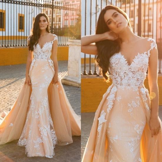 Elegant V-Neck Lace Applique Mermaid Bridal Gowns | Cap SleeveWedding Dress with detachable Train_5