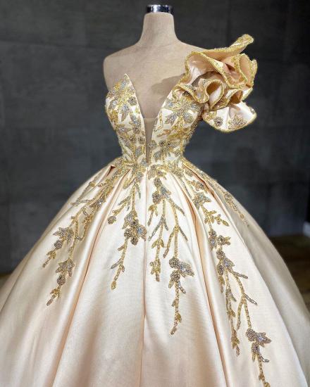 Luxury Short Sleeves Gold Crystals Satin Evening Dress Sweetheart Aline Prom Dress_3