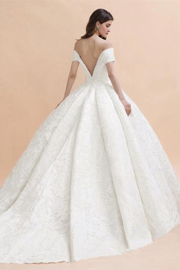 Off Shoulder Floor Length Bridal Gowns Lace Appliques Chapel Train Wedding Dress_2