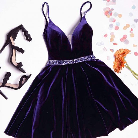 Simple A-line Spaghetti Straps Homecoming Dresses Velvet Crystal Hoco Dress_2